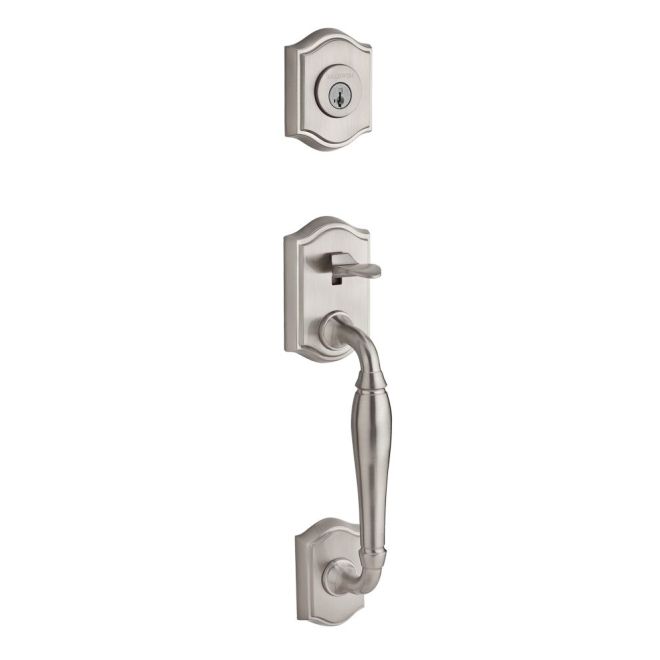Baldwin Reserve DCWESXELLTSR150 Double Cylinder Westcliff Handleset with Ellipse Knob Traditional Square Rose with 6AL Latch and Dual Strike Satin Nickel Finish - NA - NA