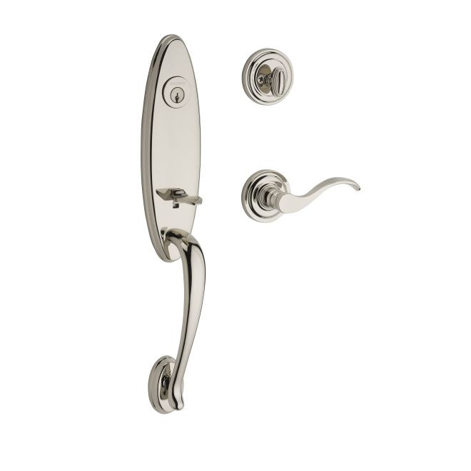 Baldwin Reserve SCCHEXCURLTRR141 Single Cylinder Chesapeake Handleset Left Hand Curve Lever and Traditional Round Rose with 6AL Latch and Dual Strike Bright Nickel Finish - Left Hand - NA