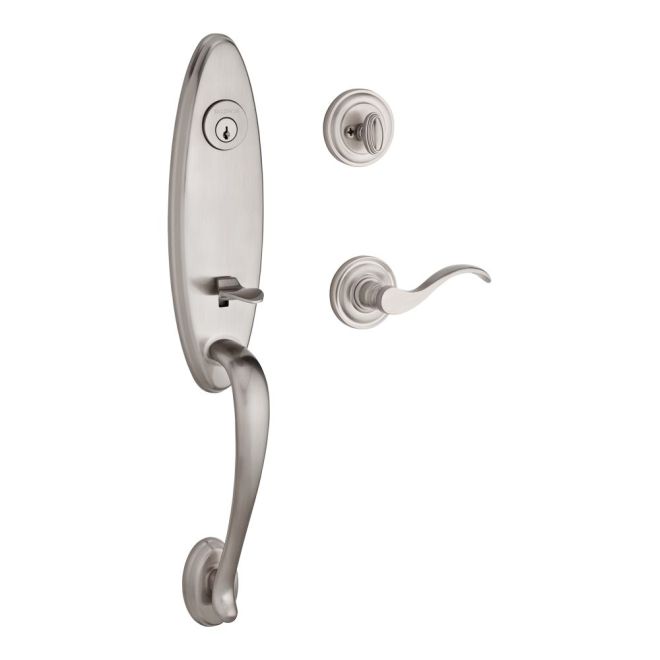 Baldwin Reserve SCCHEXCURLTRR150 Single Cylinder Chesapeake Handleset Left Hand Curve Lever and Traditional Round Rose with 6AL Latch and Dual Strike Satin Nickel Finish - Left Hand - NA