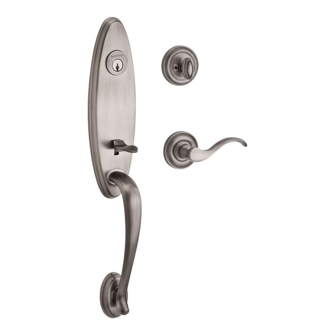 Baldwin Reserve SCCHEXCURLTRR152 Single Cylinder Chesapeake Handleset Left Hand Curve Lever and Traditional Round Rose with 6AL Latch and Dual Strike Matte Antique Nickel Finish - Left Hand - NA