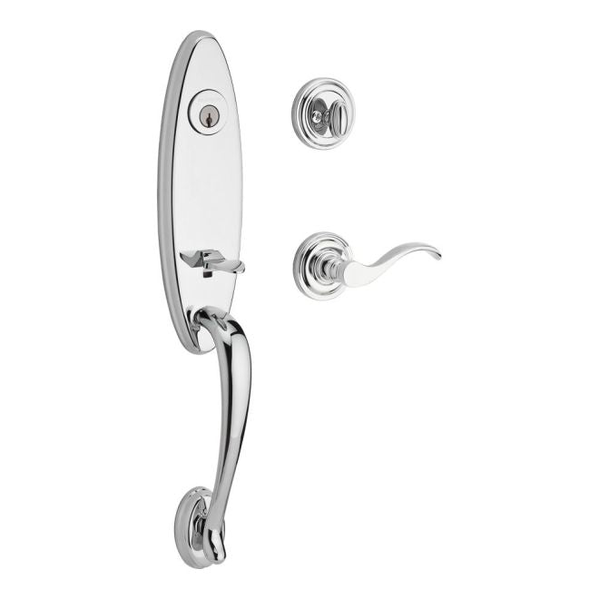 Baldwin Reserve SCCHEXCURLTRR260 Single Cylinder Chesapeake Handleset Left Hand Curve Lever and Traditional Round Rose with 6AL Latch and Dual Strike Bright Chrome Finish - Left Hand - NA
