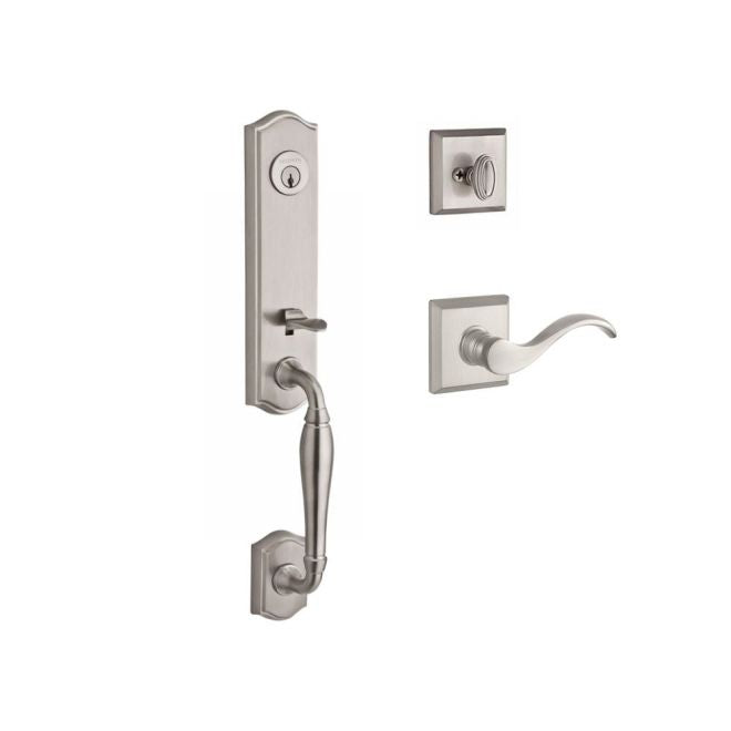 Baldwin Reserve SCNEWXCURRTSR150 Single Cylinder New Hampshire Handleset Right Hand Curve Lever and Traditional Square Rose with 6AL Latch and Dual Strike Satin Nickel Finish - Right Hand - NA