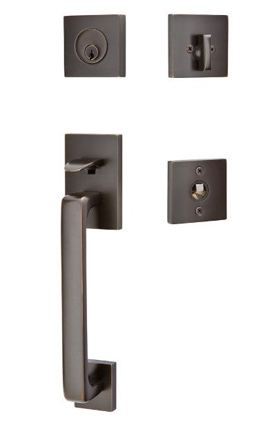 Emtek Baden Brass Tubular Entry set with Modern Disc Glass Knob