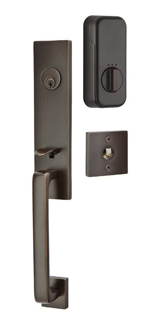 Emtek Single Cylinder Davos Handleset EMPowered Motorized Smart Lock Upgrade With Select L-Square Straight Knurled Lever