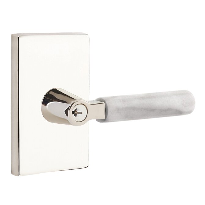 Emtek L Square White Marble Key In Lever Lockset Single Cylinder with Modern Rectangular Rosette