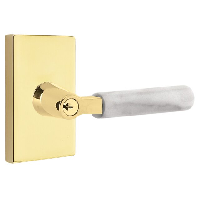 Emtek L Square White Marble Key In Lever Lockset Single Cylinder with Modern Rectangular Rosette