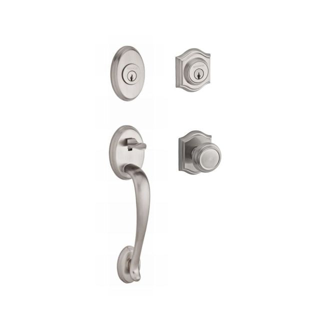 Baldwin Reserve DCCOLXTRATAR150 Double Cylinder Columbus Handleset with Traditional Knob and Traditional Arch Rose with 6AL Latch and Dual Strike Satin Nickel Finish - Satin Nickel - NA