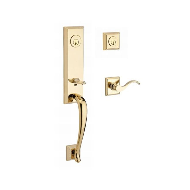 Baldwin Reserve DCDELXCURLTSR003 Double Cylinder Del Mar Handleset with Left Hand Curve Lever and Traditional Square Rose with 6AL Latch and Dual Strike Lifetime Brass Finish - Left Hand - NA