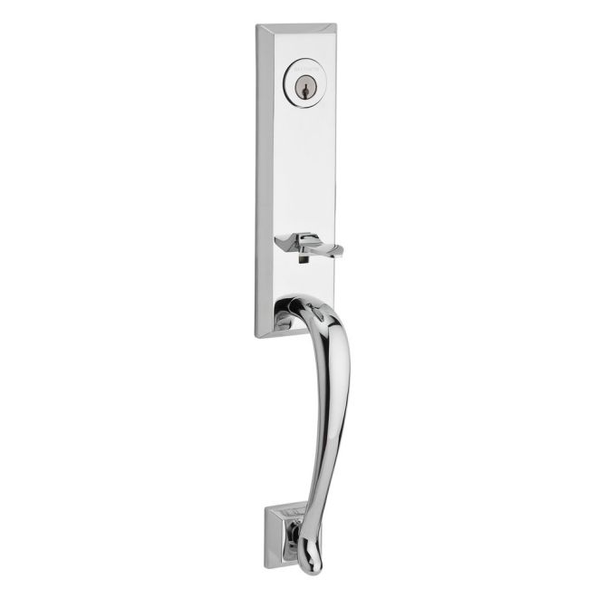 Baldwin Reserve DCDELXCURLTSR260 Double Cylinder Del Mar Handleset with Left Hand Curve Lever and Traditional Square Rose with 6AL Latch and Dual Strike Bright Chrome Finish - Left Hand - NA