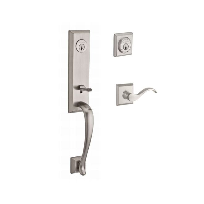 Baldwin Reserve DCDELXCURRTSR150 Double Cylinder Del Mar Handleset with Right Hand Curve Lever and Traditional Square Rose with 6AL Latch and Dual Strike Satin Nickel Finish - Right Hand - NA