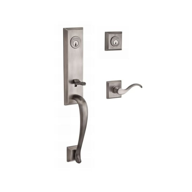 Baldwin Reserve DCDELXCURRTSR152 Double Cylinder Del Mar Handleset with Right Hand Curve Lever and Traditional Square Rose with 6AL Latch and Dual Strike Matte Antique Nickel Finish - Right Hand - NA