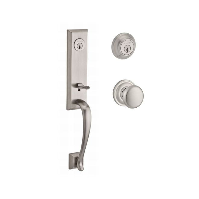 Baldwin Reserve DCDELXROUTRR150 Double Cylinder Del Mar Handleset with Round Knob and Traditional Round Rose with 6AL Latch and Dual Strike Satin Nickel Finish - NA - NA