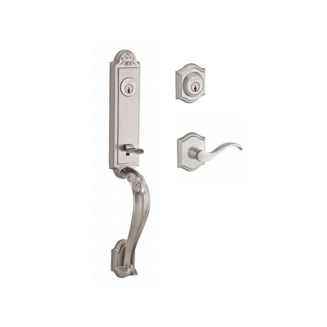 Baldwin Reserve DCELIXCURLTAR150 Double Cylinder Elizabeth Handleset with Left Hand Curve Lever and Traditional Arch Rose with 6AL Latch and Dual Strike Satin Nickel Finish - Left Hand - NA