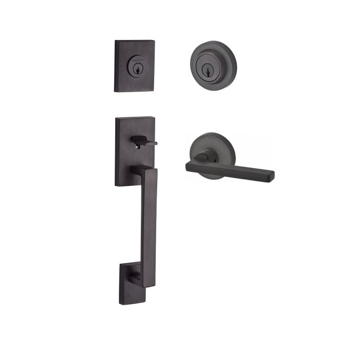 Baldwin Reserve DCLAJXSQUCRR112 Double Cylinder La Jolla Handleset with Square Lever and Contemporary Round Rose with 6AL Latch and Dual Strike Venetian Bronze Finish - NA - NA