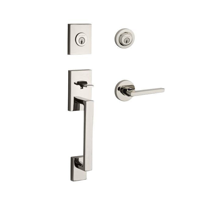 Baldwin Reserve DCLAJXSQUCRR141 Double Cylinder La Jolla Handleset with Square Lever and Contemporary Round Rose with 6AL Latch and Dual Strike Bright Nickel Finish - NA - NA