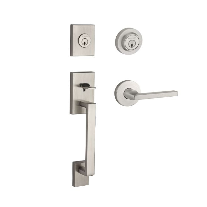 Baldwin Reserve DCLAJXSQUCRR150 Double Cylinder La Jolla Handleset with Square Lever and Contemporary Round Rose with 6AL Latch and Dual Strike Satin Nickel Finish - NA - NA