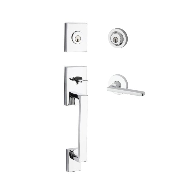 Baldwin Reserve DCLAJXSQUCRR260 Double Cylinder La Jolla Handleset with Square Lever and Contemporary Round Rose with 6AL Latch and Dual Strike Bright Chrome Finish - NA - NA