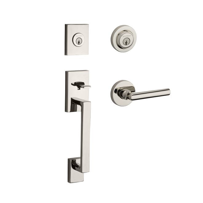 Baldwin Reserve DCLAJXTUBCRR141 Double Cylinder La Jolla Handleset with Tube Lever and Contemporary Round Rose with 6AL Latch and Dual Strike Bright Nickel Finish - NA - NA