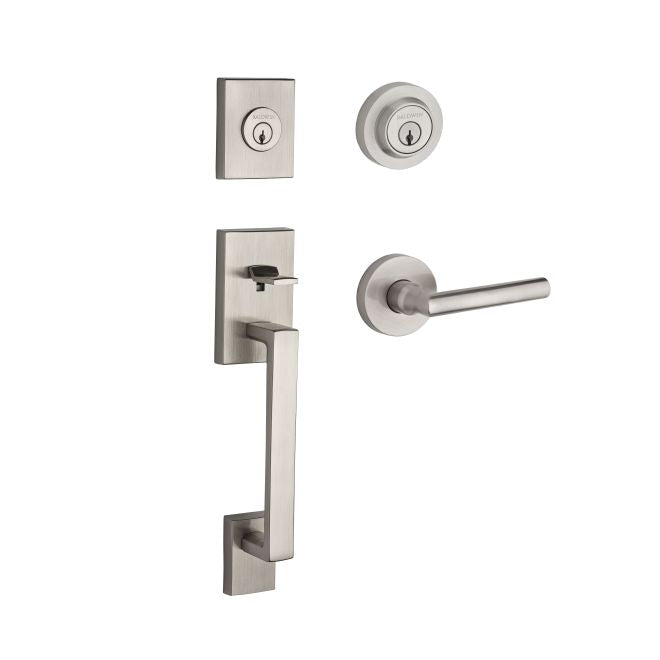 Baldwin Reserve DCLAJXTUBCRR150 Double Cylinder La Jolla Handleset with Tube Lever and Contemporary Round Rose with 6AL Latch and Dual Strike Satin Nickel Finish - NA - NA