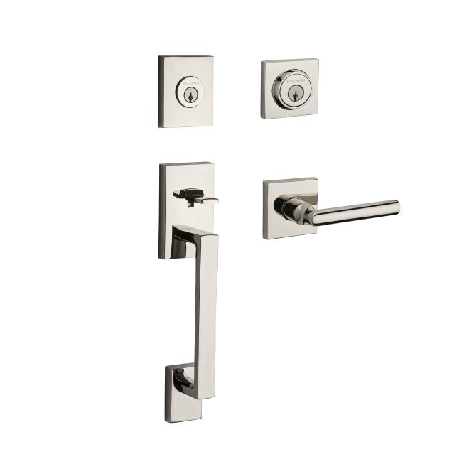 Baldwin Reserve DCLAJXTUBCSR141 Double Cylinder La Jolla Handleset with Tube Lever and Contemporary Square Rose with 6AL Latch and Dual Strike Bright Nickel Finish - NA - NA