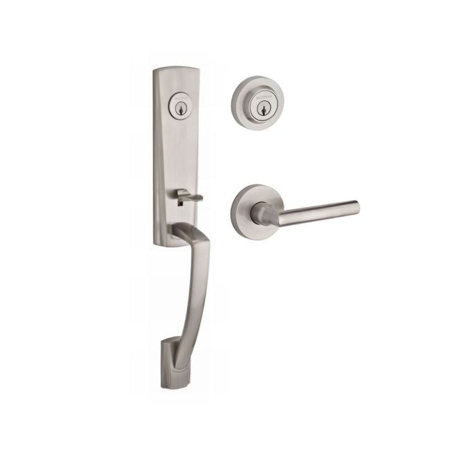 Baldwin Reserve DCMIAXTUBLCRR150 Double Cylinder Miami Handleset with Left Hand Tube Lever and Contemporary Round Rose with 6AL Latch and Dual Strike Satin Nickel Finish - Left Hand - NA