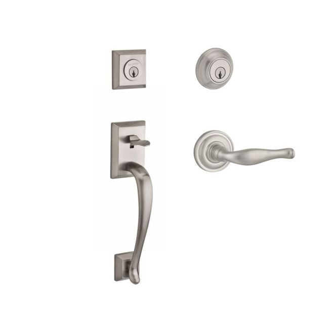 Baldwin Reserve DCNAPXDECLTRR150 Double Cylinder Napa Handleset with Left Hand Decorative Lever and Traditional Round Rose with 6AL Latch and Dual Strike Satin Nickel Finish - Left Hand - NA