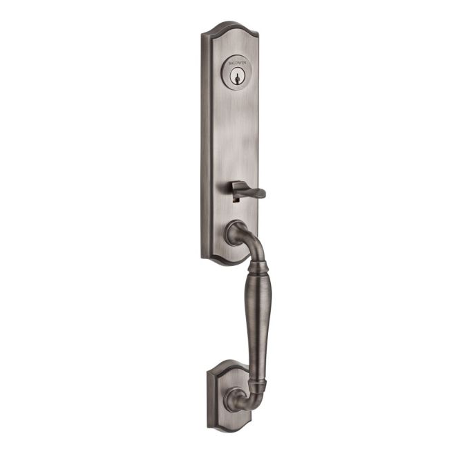 Baldwin Reserve DCNEWXCURRTSR152 Double Cylinder New Hampshire Handleset with Right Hand Curve Lever and Traditional Square Rose with 6AL Latch and Dual Strike Matte Antique Nickel Finish - Right Hand - NA