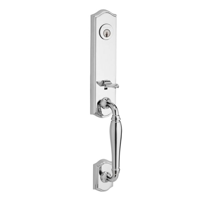 Baldwin Reserve DCNEWXCURRTSR260 Double Cylinder New Hampshire Handleset with Right Hand Curve Lever and Traditional Square Rose with 6AL Latch and Dual Strike Bright Chrome Finish - Right Hand - NA