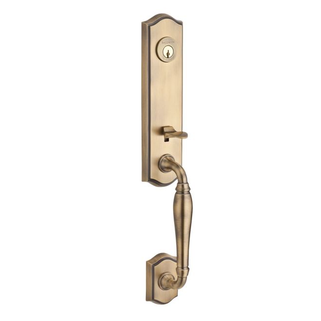 Baldwin Reserve DCNEWXDECRTAR049 Double Cylinder New Hampshire Handleset with Right Hand Decorative Lever and Traditional Arch Rose with 6AL Latch and Dual Strike Matte Brass and Black Finish - Right Hand - NA