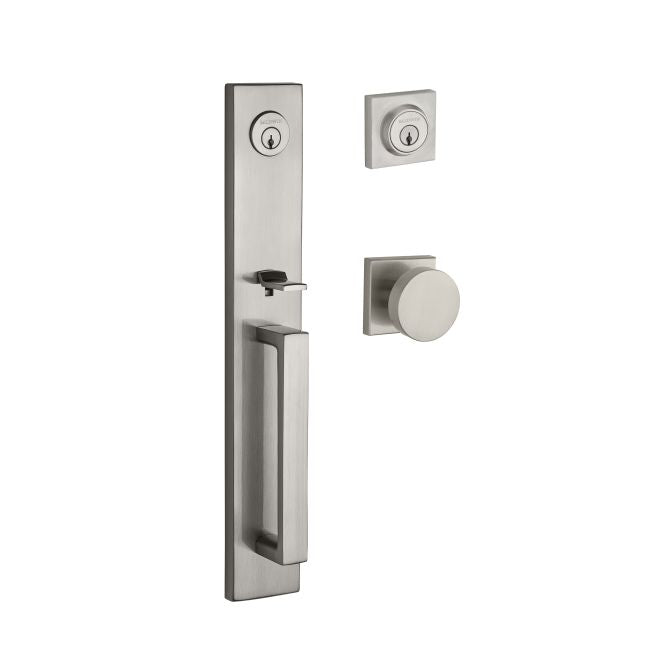 Baldwin Reserve DCSANXCONCSR150 Double Cylinder Santa Cruz Handleset Contemporary Knob and Contemporary Square Rose with 6AL Latch and Dual Strike Satin Nickel Finish - NA - NA