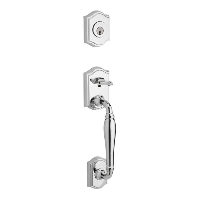 Baldwin Reserve DCWESXCURRTAR260 Double Cylinder Westcliff Handleset with Right Hand Curve Lever and Traditional Arch Rose with 6AL Latch and Dual Strike Bright Chrome Finish - Right Hand - NA