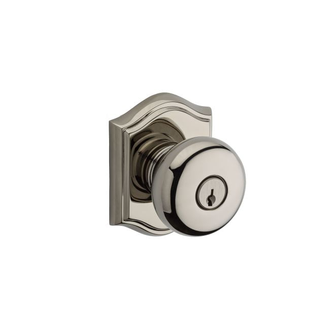 Baldwin Reserve ENROUTAR141 Entry Round Knob and Traditional Arch Rose with 6AL Latch and Dual Strike Bright Nickel Finish - Bright Nickel - Brass