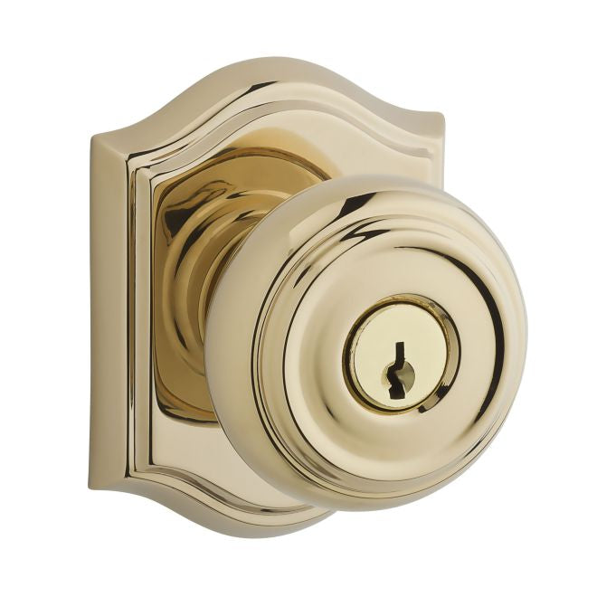 Baldwin Reserve ENTRATAR003 Entry Traditional Knob and Traditional Arch Rose with 6AL Latch and Dual Strike Lifetime Brass Finish - Lifetime Brass - Brass