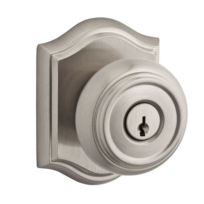 Baldwin Reserve ENTRATAR150 Entry Traditional Knob and Traditional Arch Rose with 6AL Latch and Dual Strike Satin Nickel Finish - Satin Nickel - Brass