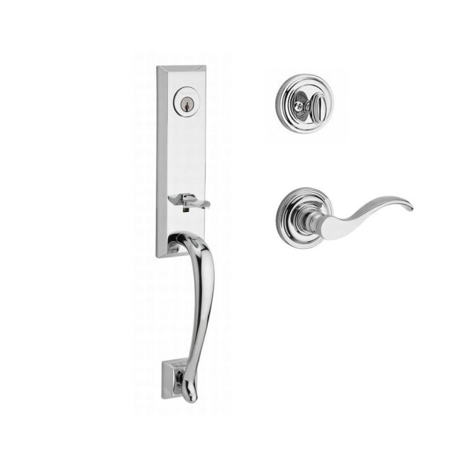 Baldwin Reserve SCDELXCURLTRR260 Single Cylinder Del Mar Handleset Left Hand Curve Lever and Traditional Round Rose with 6AL Latch and Dual Strike Bright Chrome Finish - Left Hand - NA