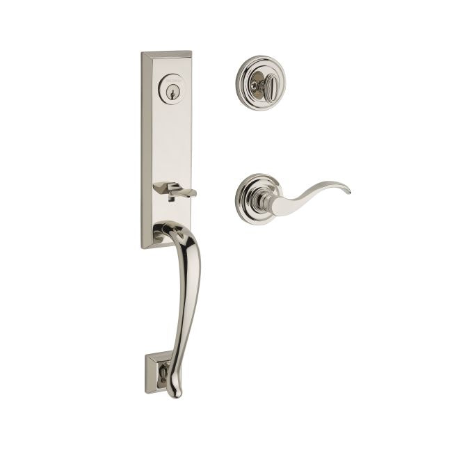 Baldwin Reserve SCDELXCURRTRR141 Single Cylinder Del Mar Handleset Right Hand Curve Lever and Traditional Round Rose with 6AL Latch and Dual Strike Bright Nickel Finish - Right Hand - NA