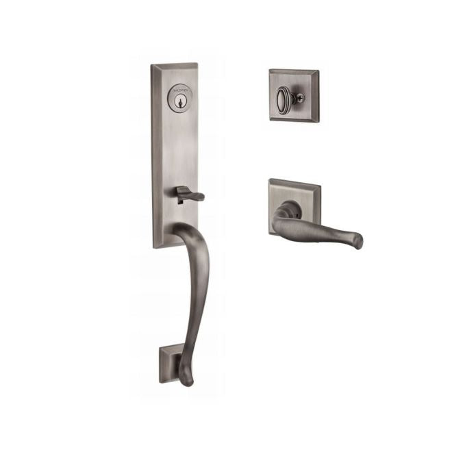 Baldwin Reserve SCDELXDECRTSR152 Single Cylinder Del Mar Handleset Right Hand Decorative Lever and Traditional Square Rose with 6AL Latch and Dual Strike Matte Antique Nickel Finish - Right Hand - NA