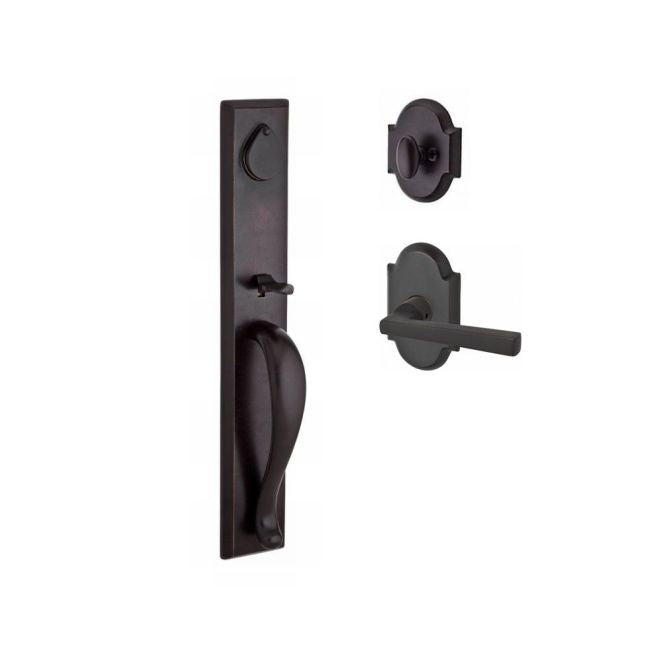 Baldwin Reserve SCLONXTAPRRAR481 Single Cylinder Longview Handleset Right Hand Taper Lever and Rustic Arch Rose with 6AL Latch and Dual Strike Dark Bronze Finish - Right Hand - NA