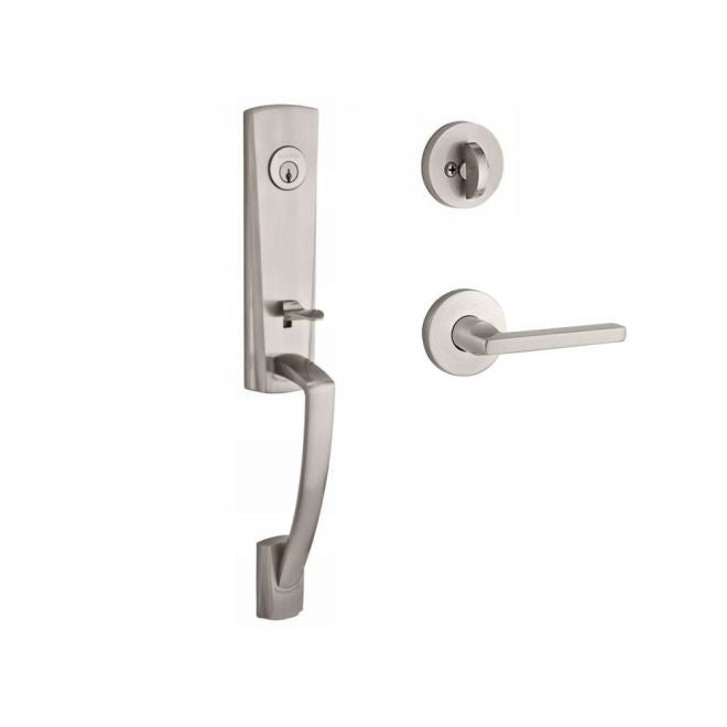 Baldwin Reserve SCMIAXSQULCRR150 Single Cylinder Miami Handleset Left Hand Square Lever and Contemporary Round Rose with 6AL Latch and Dual Strike Satin Nickel Finish - Left Hand - NA