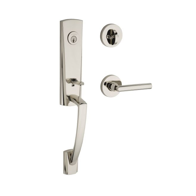 Baldwin Reserve SCMIAXTUBLCRR141 Single Cylinder Miami Handleset Left Hand Tube Lever and Contemporary Round Rose with 6AL Latch and Dual Strike Bright Nickel Finish - Left Hand - NA